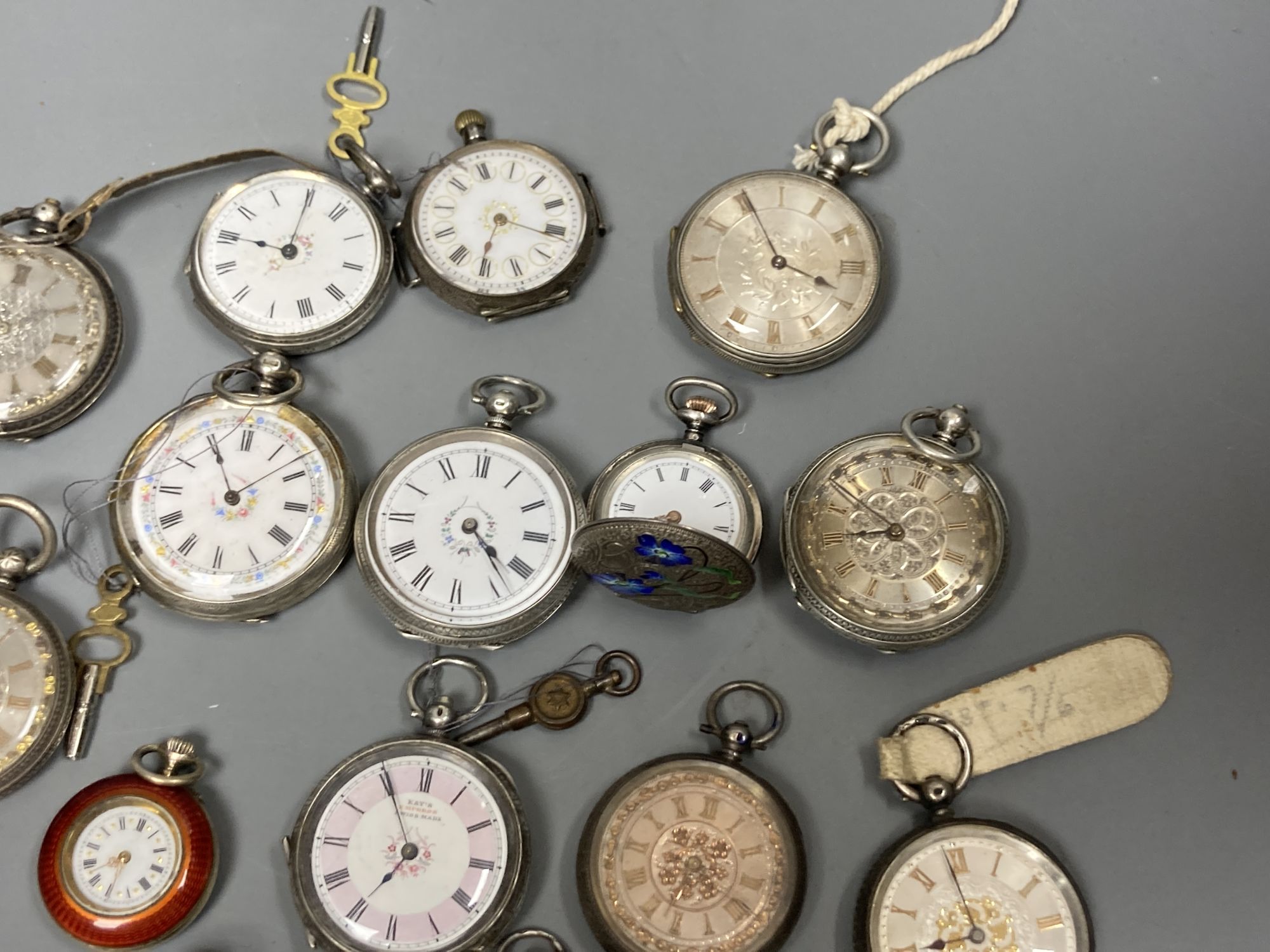 Fifteen assorted early to mid 20th century white metal fob and pocket watches including four with enamel (a.f).